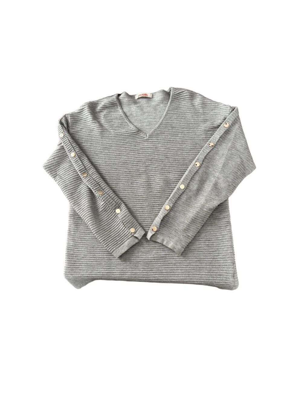 Women's Mazik Gray V-Neck Sweater with Gold Buttons, Size S